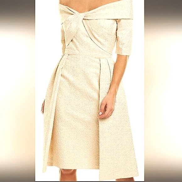 Rickie Freeman Teri Jon METALLIC JACQUARD OFF THE SHOULDER  PLEATED DRESS - Picture 3 of 15